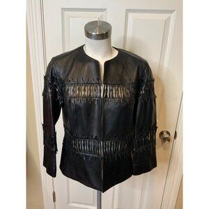 Lafayette 148 New York Black 100% Leather Fringe Cutout Jacket, Size 8